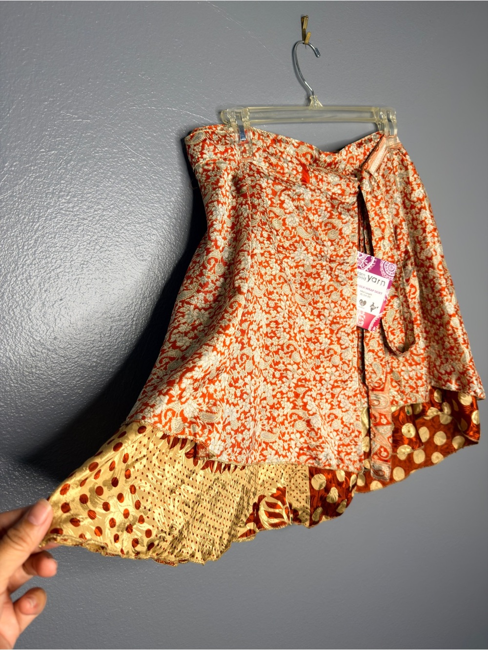 Boho Silk Rust Floral Print Midi Wrap Skirt Patch work artisty